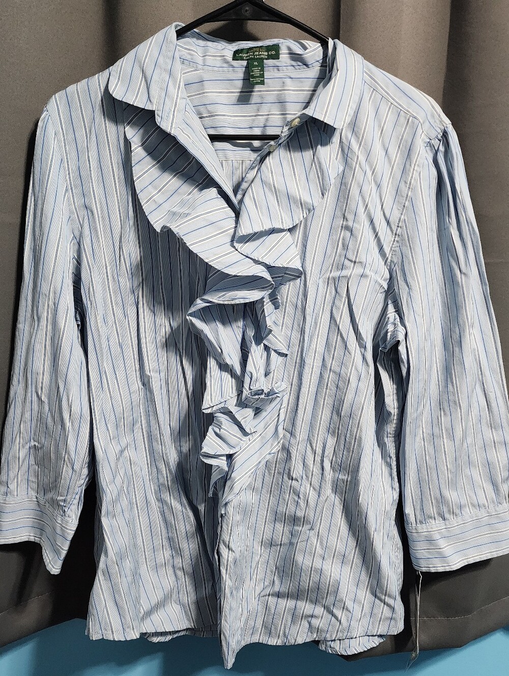 NWT Lauren Ralph Lauren Striped Ruffle Front Button Blouse Blue White XL